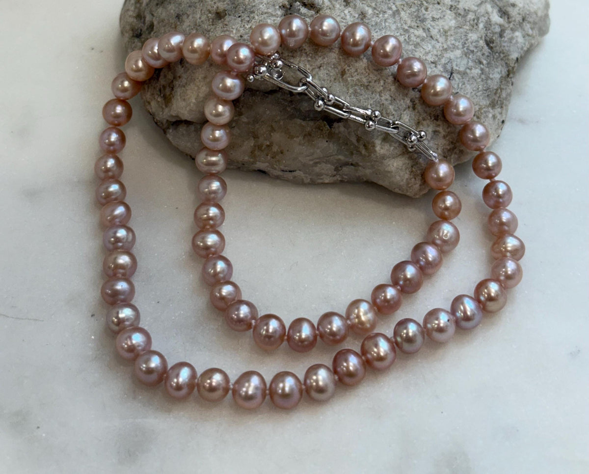 Pink Rose Pearls Necklace: Extreme luster Mirrored effect, 6.1-6.6mm, S925 silver clips, knotted, 18.1”. No tariffs