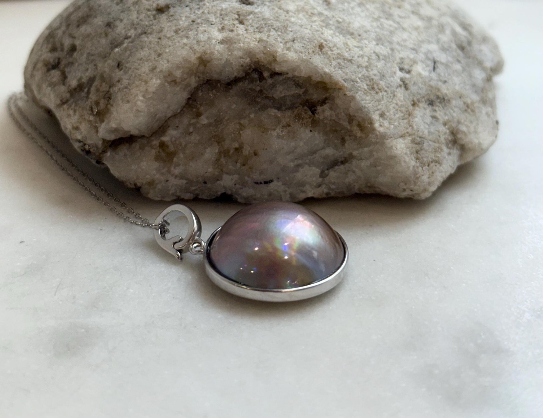 20.7mm Pink Rose iridescent Ocean Round Mabe Pearl Pendant: Extreme luster, S925 Silver base pendant Necklace Set. for her daily wear
