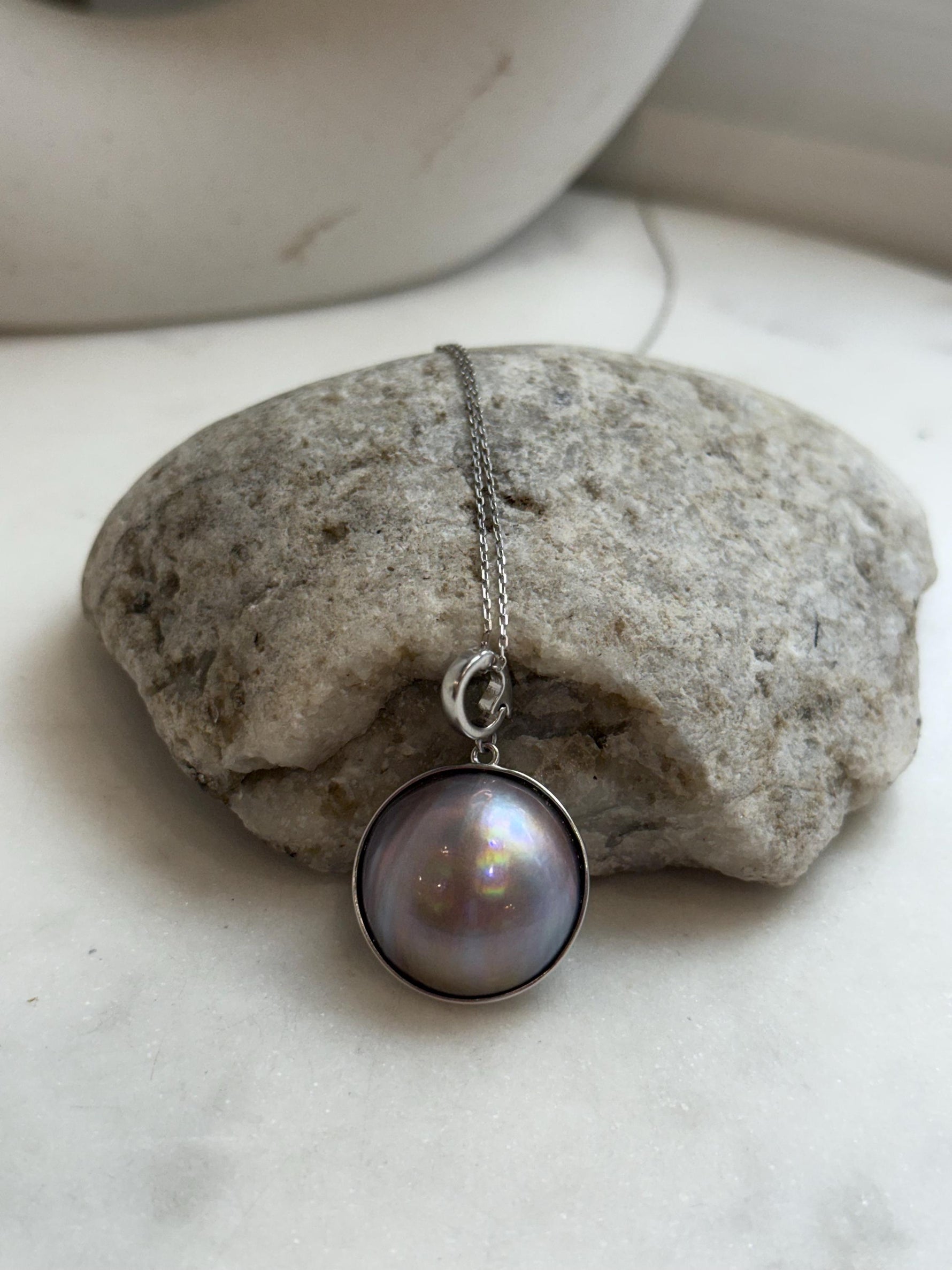 20.7mm Pink Rose iridescent Ocean Round Mabe Pearl Pendant: Extreme luster, S925 Silver base pendant Necklace Set. for her birthday