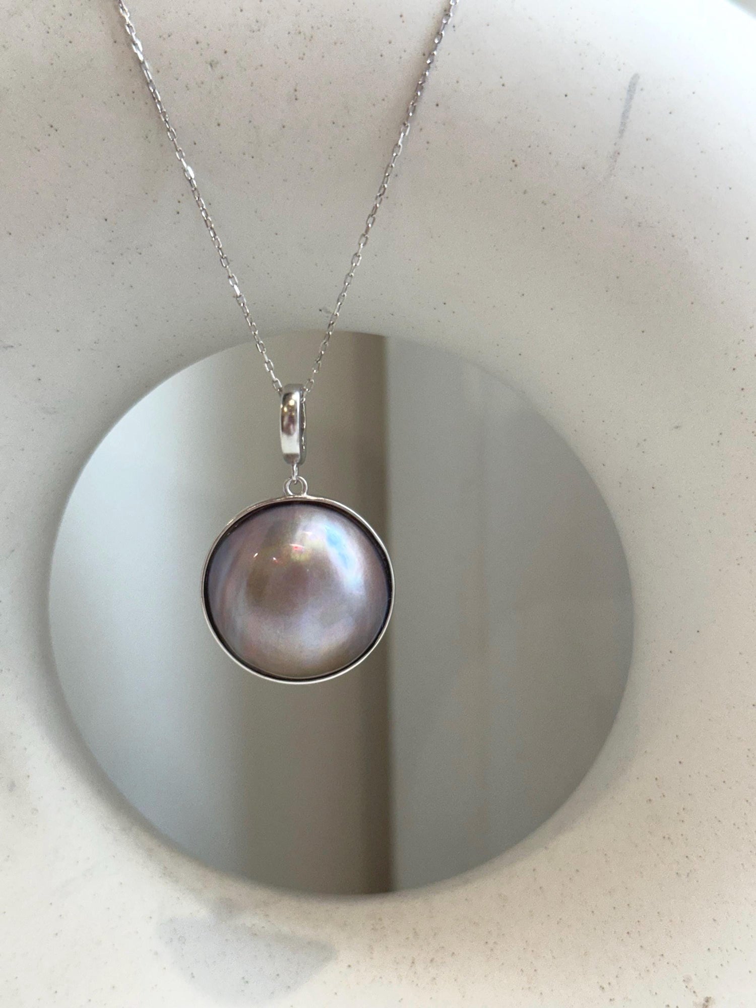 20.7mm Pink Rose iridescent Ocean Round Mabe Pearl Pendant: Extreme luster, S925 Silver base pendant Necklace Set.