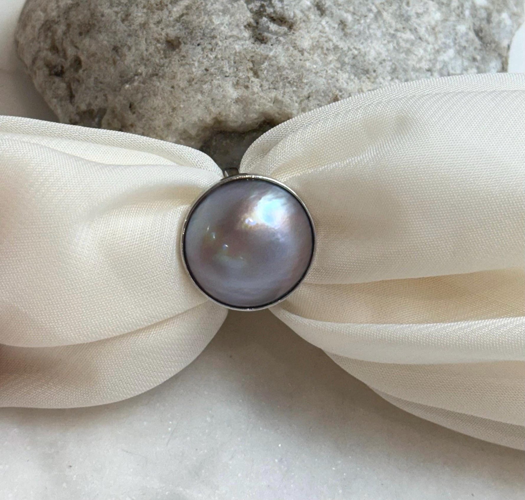 20.3mm Pink Rose iridescent Ocean Round Mabe Pearl Ring: Extreme luster, S925 Silver base adjustable Ring.