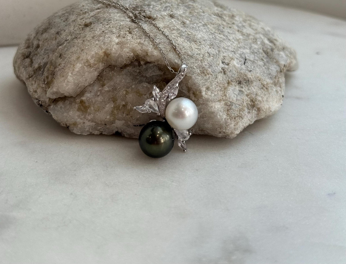 Australian Ocean White Tahitian ocean green Double pearls Ring: 9.3-10.3mm, Extreme luster, S925 Silver floral pendant necklace set. for her birthday