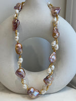 Baroque Rice Keshi Pearls Designed Necklace: 9pcs Extreme luster, peach rose iridescent, to 24mm, 18.3”