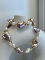 Baroque Rice Keshi Pearls Designed Necklace: 9pcs Extreme luster, peach rose iridescent, to 24mm, 18.3”