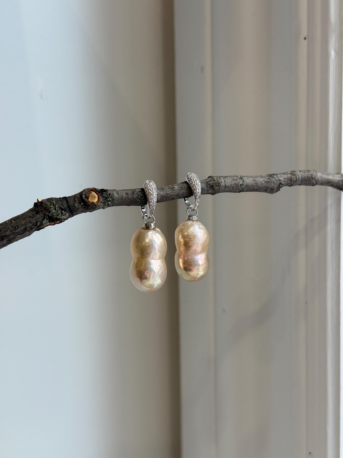 Peanut Keshi Pearls Earrings Hoops: Extreme luster, pink peach gold iridescent pearls green hue, to 20.5mm,s925 silver earrings hoops. for her daily wear