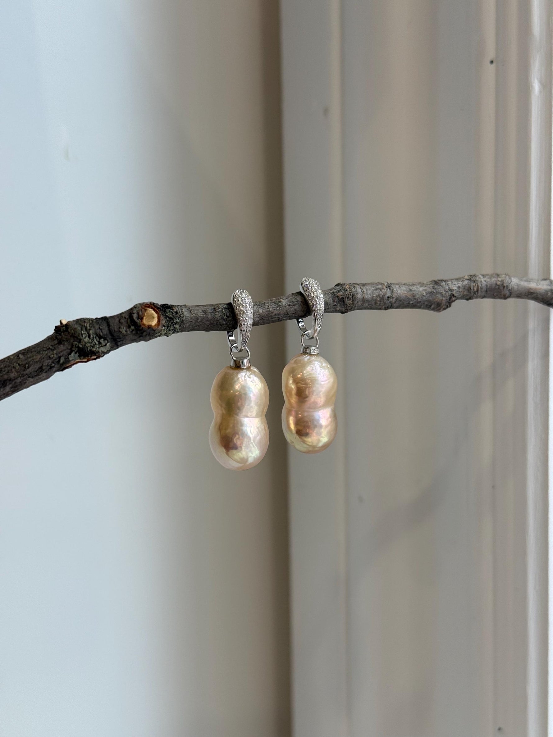 Peanut Keshi Pearls Earrings Hoops: Extreme luster, pink peach gold iridescent pearls green hue, to 20.5mm,s925 silver earrings hoops. for her daily wear