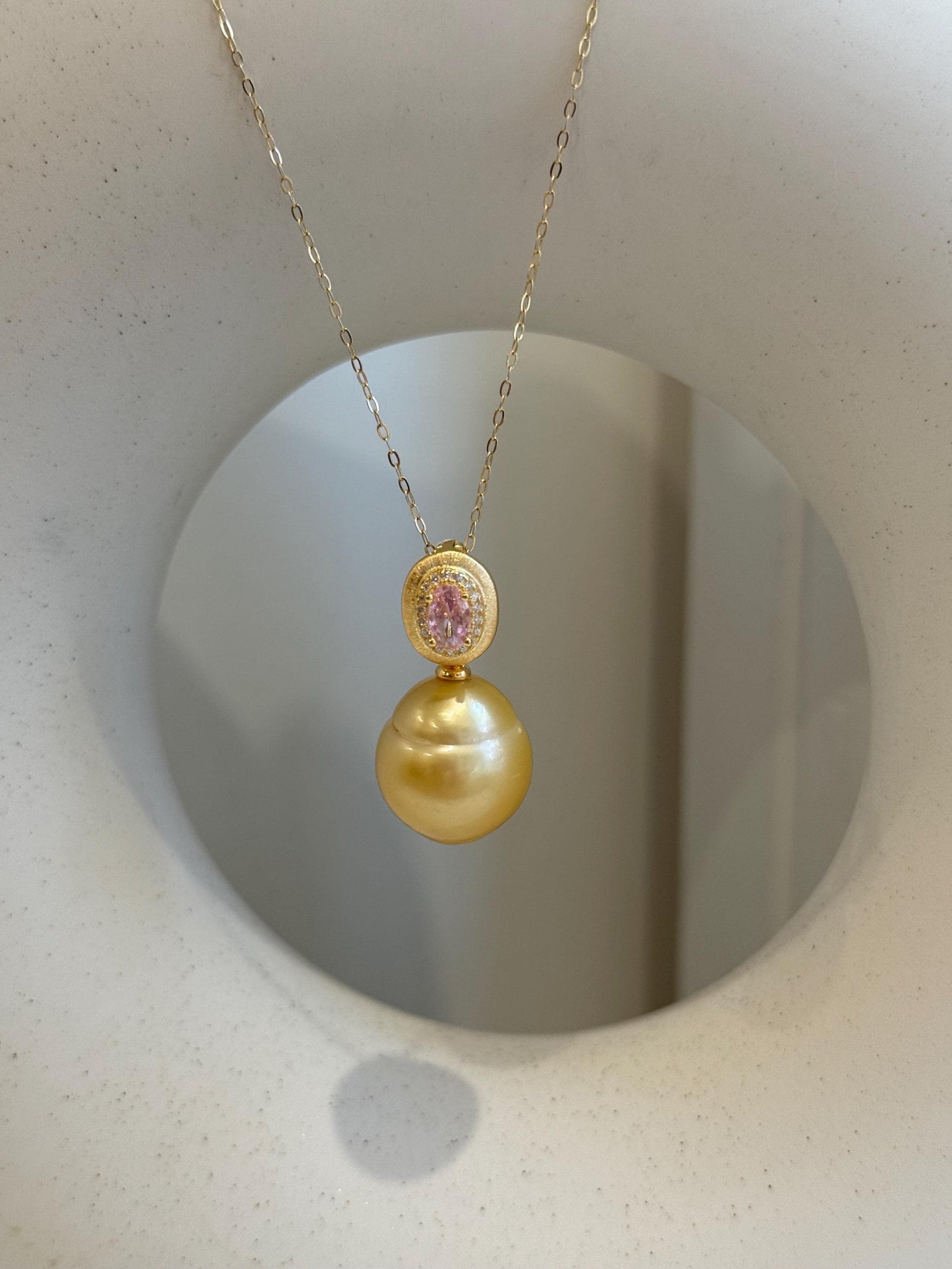 15mm Huge South Sea Golden Ocean Pearl Pendant: Strong luster, S925 Silver Vintage pendant, pink zircon.