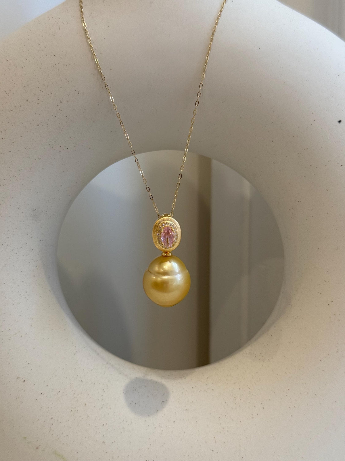 15mm Huge South Sea Golden Ocean Pearl Pendant: Strong luster, S925 Silver Vintage pendant, pink zircon. for her anniversary