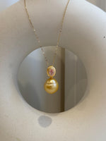 15mm Huge South Sea Golden Ocean Pearl Pendant: Strong luster, S925 Silver Vintage pendant, pink zircon. for her anniversary