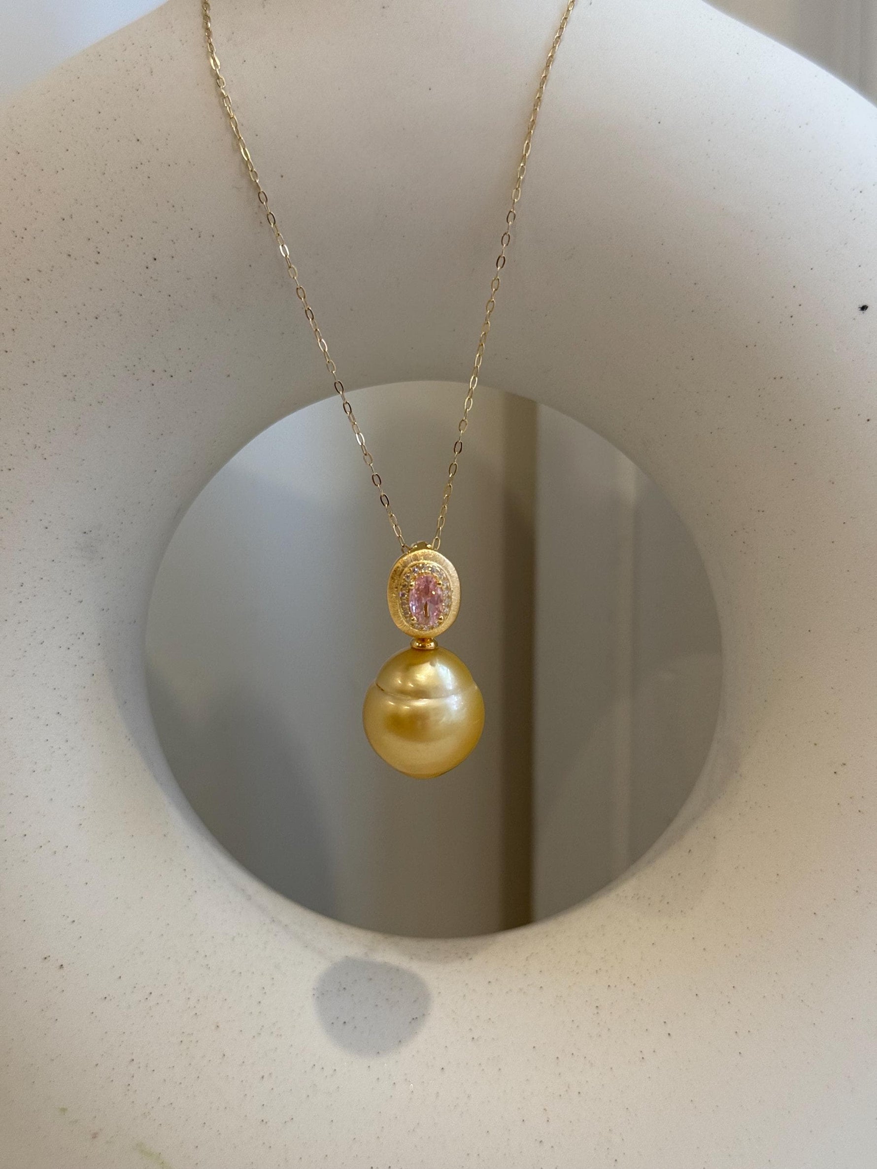 15mm Huge South Sea Golden Ocean Pearl Pendant: Strong luster, S925 Silver Vintage pendant, pink zircon. for her anniversary