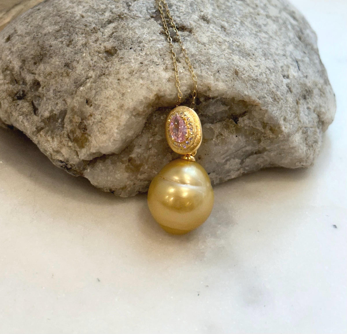 15mm Huge South Sea Golden Ocean Pearl Pendant: Strong luster, S925 Silver Vintage pendant, pink zircon. for her birthday