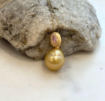 15mm Huge South Sea Golden Ocean Pearl Pendant: Strong luster, S925 Silver Vintage pendant, pink zircon. for her birthday