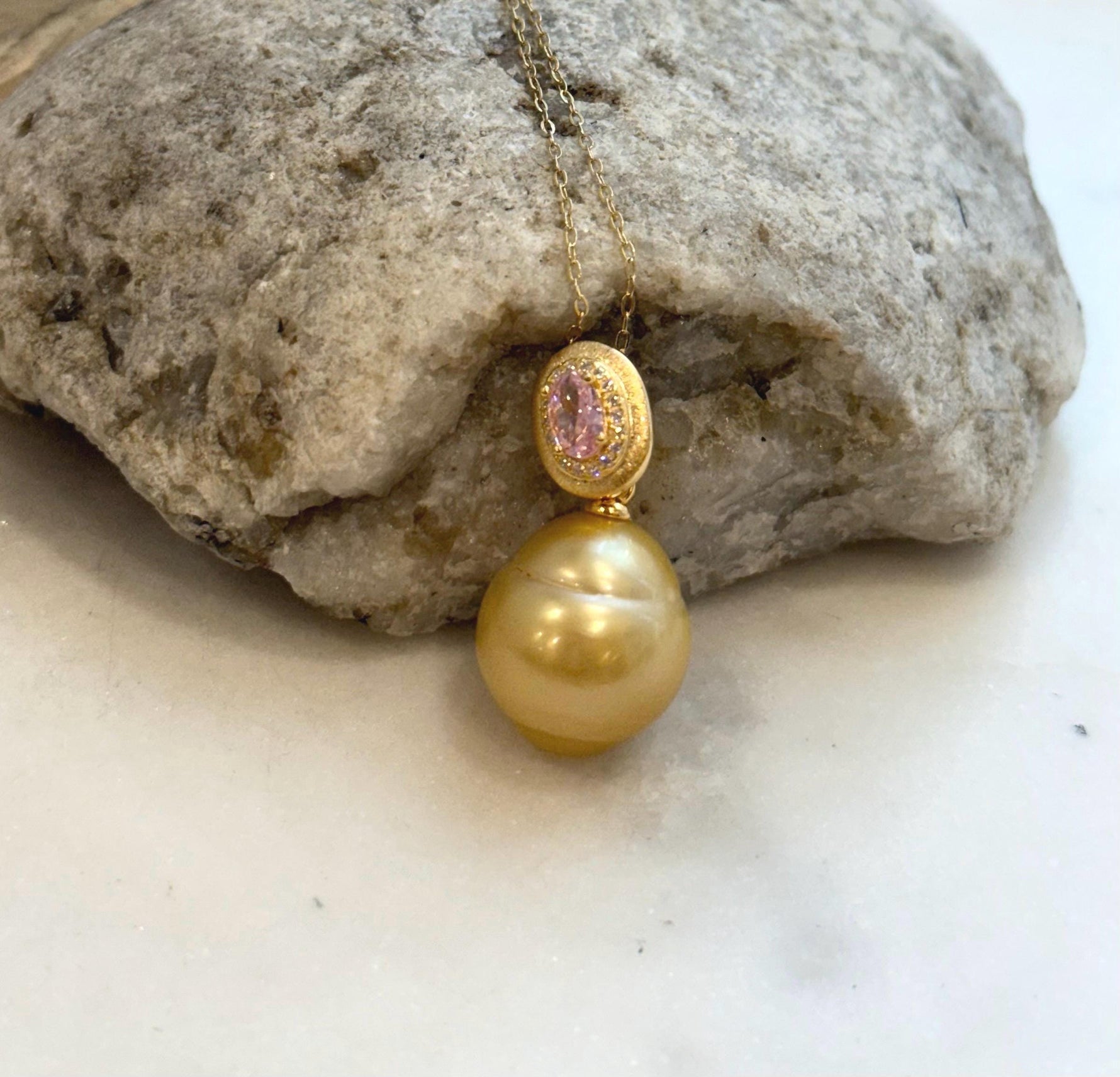 15mm Huge South Sea Golden Ocean Pearl Pendant: Strong luster, S925 Silver Vintage pendant, pink zircon. for her birthday