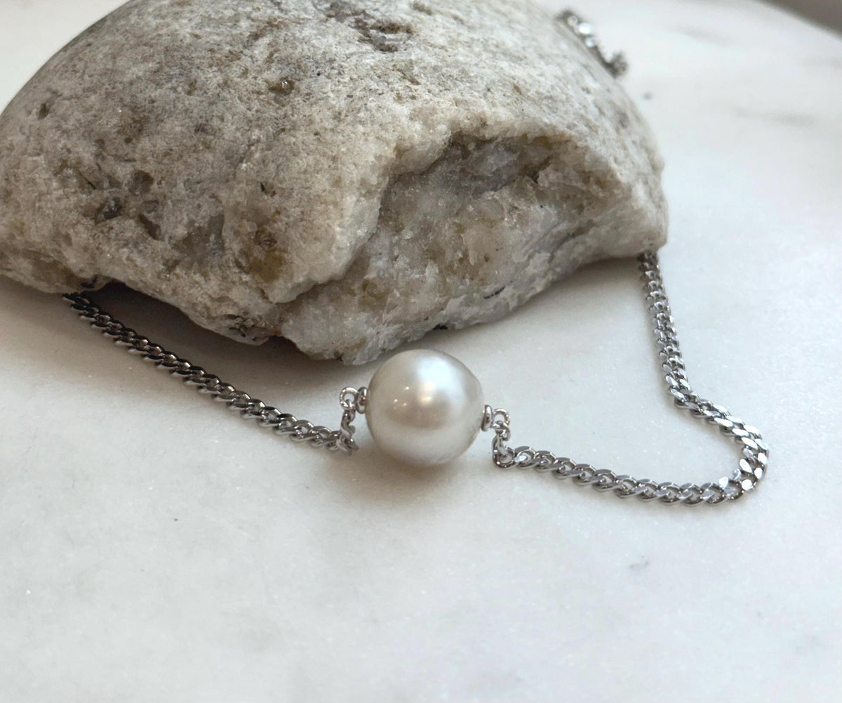12.9mm Insale Australian ocean white pearl Necklace: Extreme luster, S925 silver thick chain necklace, to 17.7”