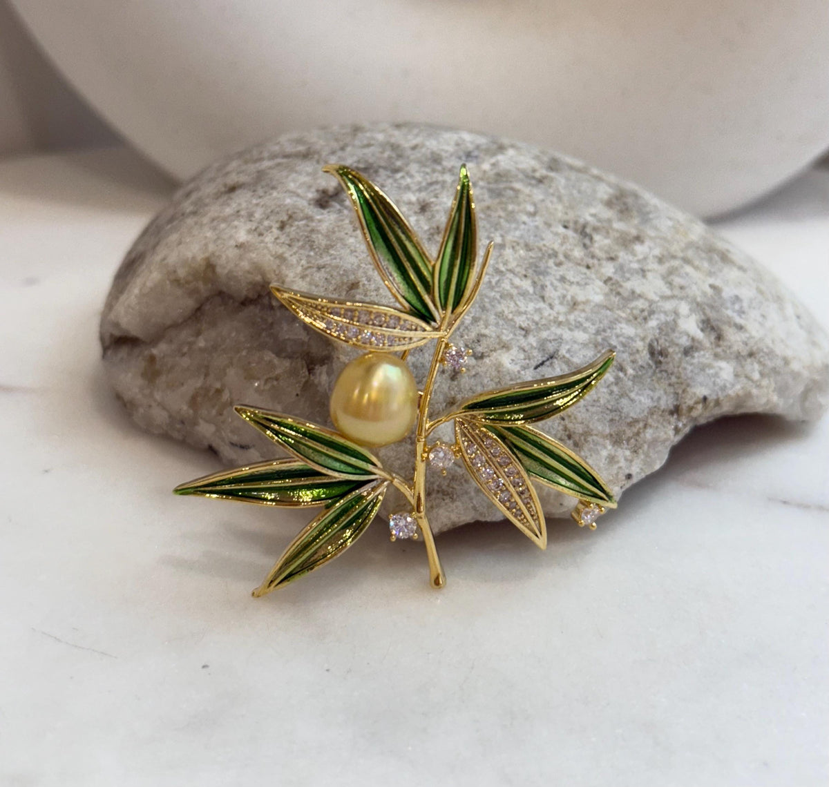 South Sea Golden Pearl Bamboo Brooch Pendant 2in1: 9.6x10.6mm, extreme luster mirrored, 5x5cm. with s925 silver chain. for her holiday gift