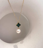 akoya ocean Pearl 18k gold malachite gemstone pendant for her anniversary
