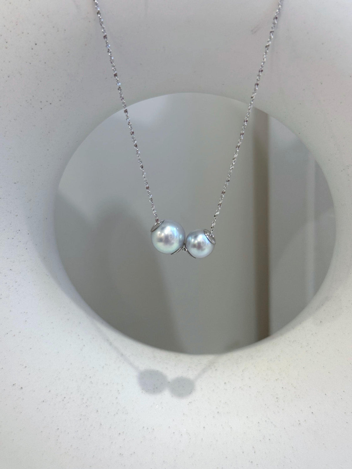 affordable cheap Double Au750 18k Gold Akoya Ocean silver blue Round Pearls Floating pendant silver chain Classic Necklace for her.