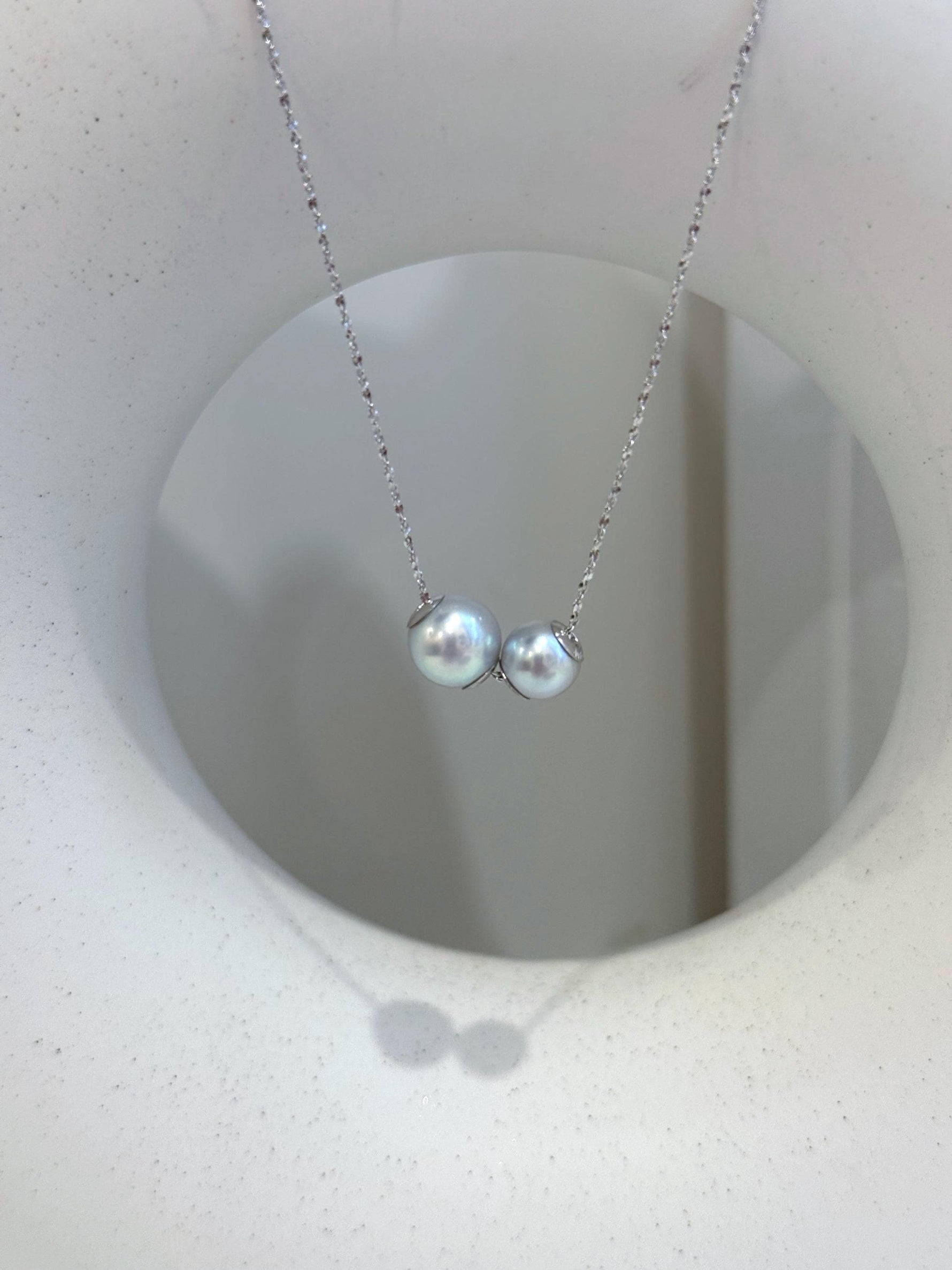 affordable cheap Double Au750 18k Gold Akoya Ocean silver blue Round Pearls Floating pendant silver chain Classic Necklace for her.
