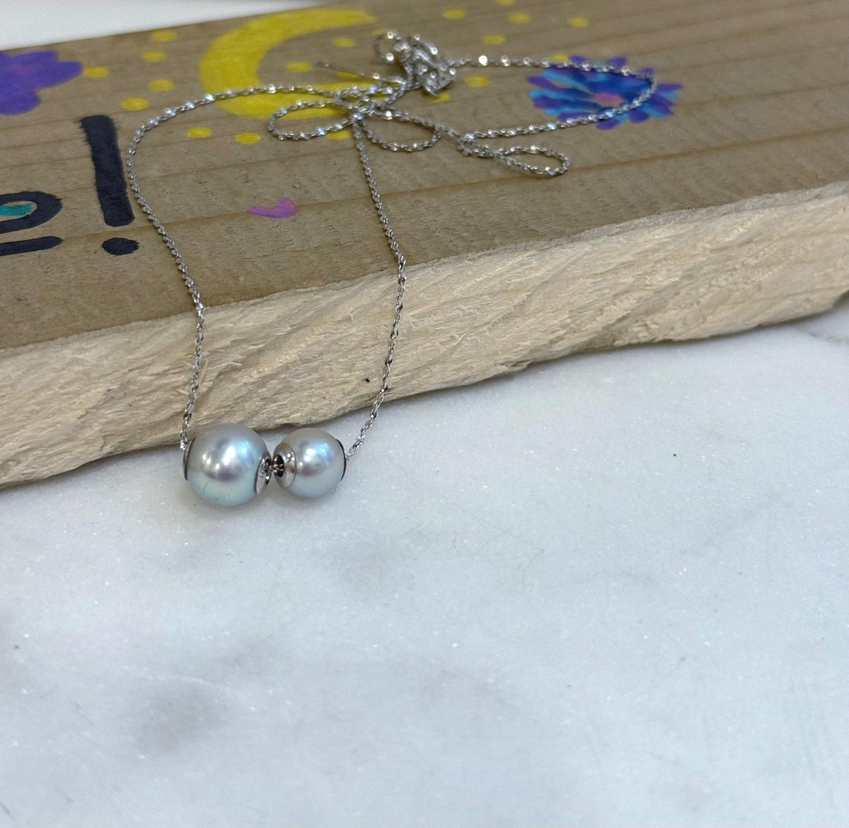 affordable Double Au750 18k Gold Akoya Ocean silver blue Round Pearls Floating pendant silver chain Classic Necklace for her birthday gift.