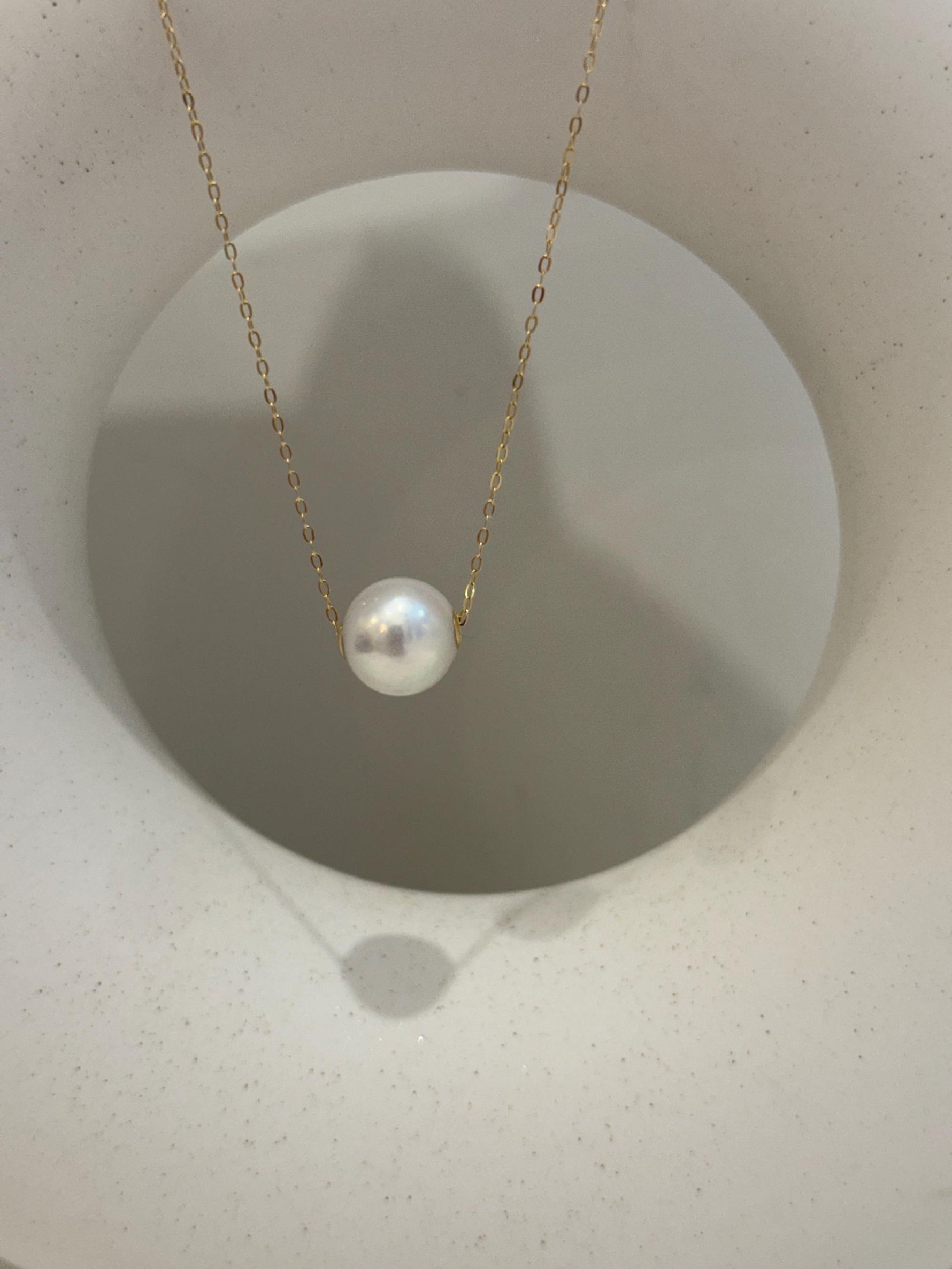 Au750 18k Yellow Gold 11mm Extreme luster Edison White Round Pearl Floating pendant silver chain Classic Necklace gift for her birthday