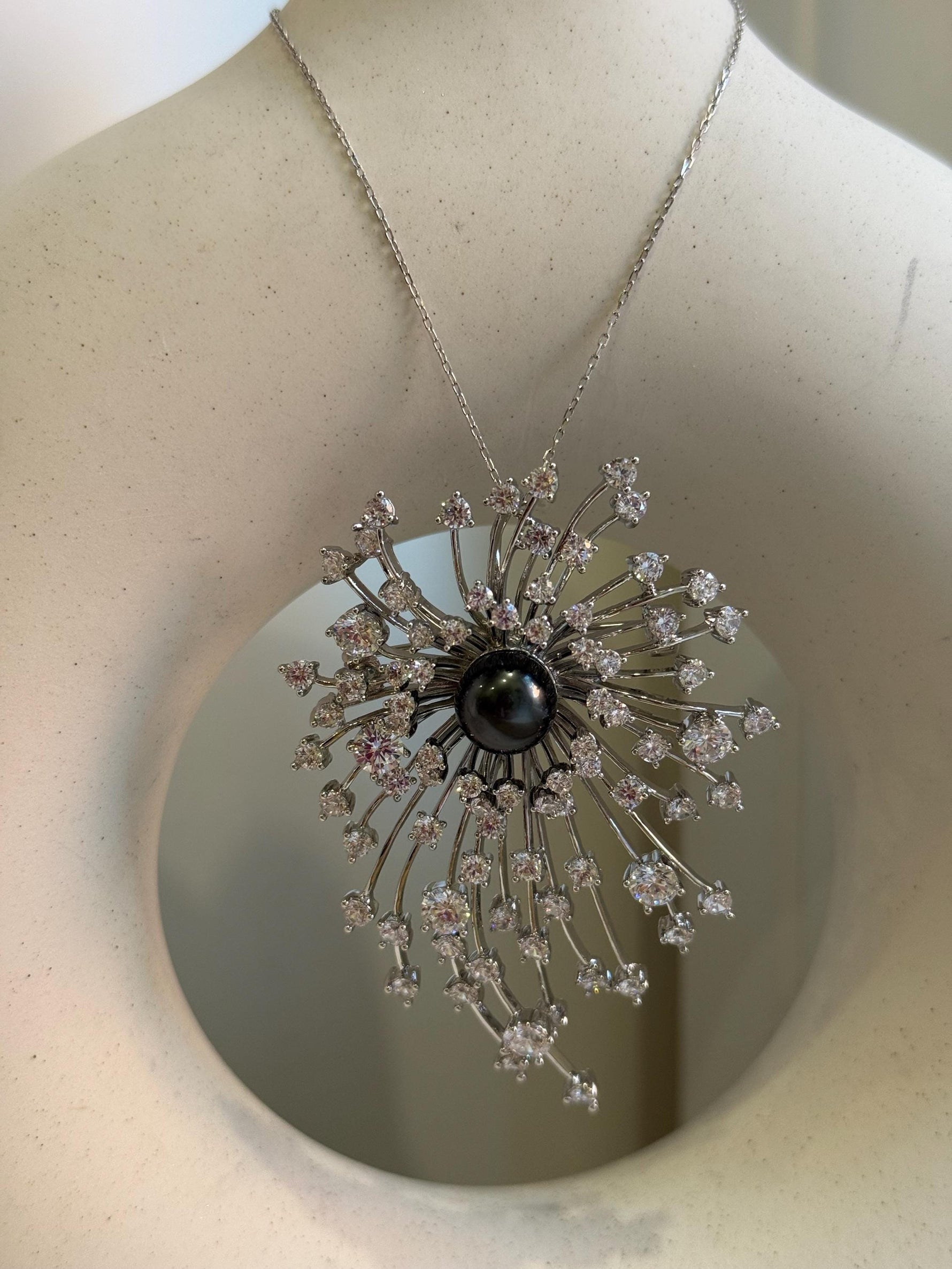 Tahitian Ocean Pearl Brooch Pendant 2in1: Extreme luster, 9mm green black pearl, Fireworks Copper Brooch Pendant with s925 silver chain.