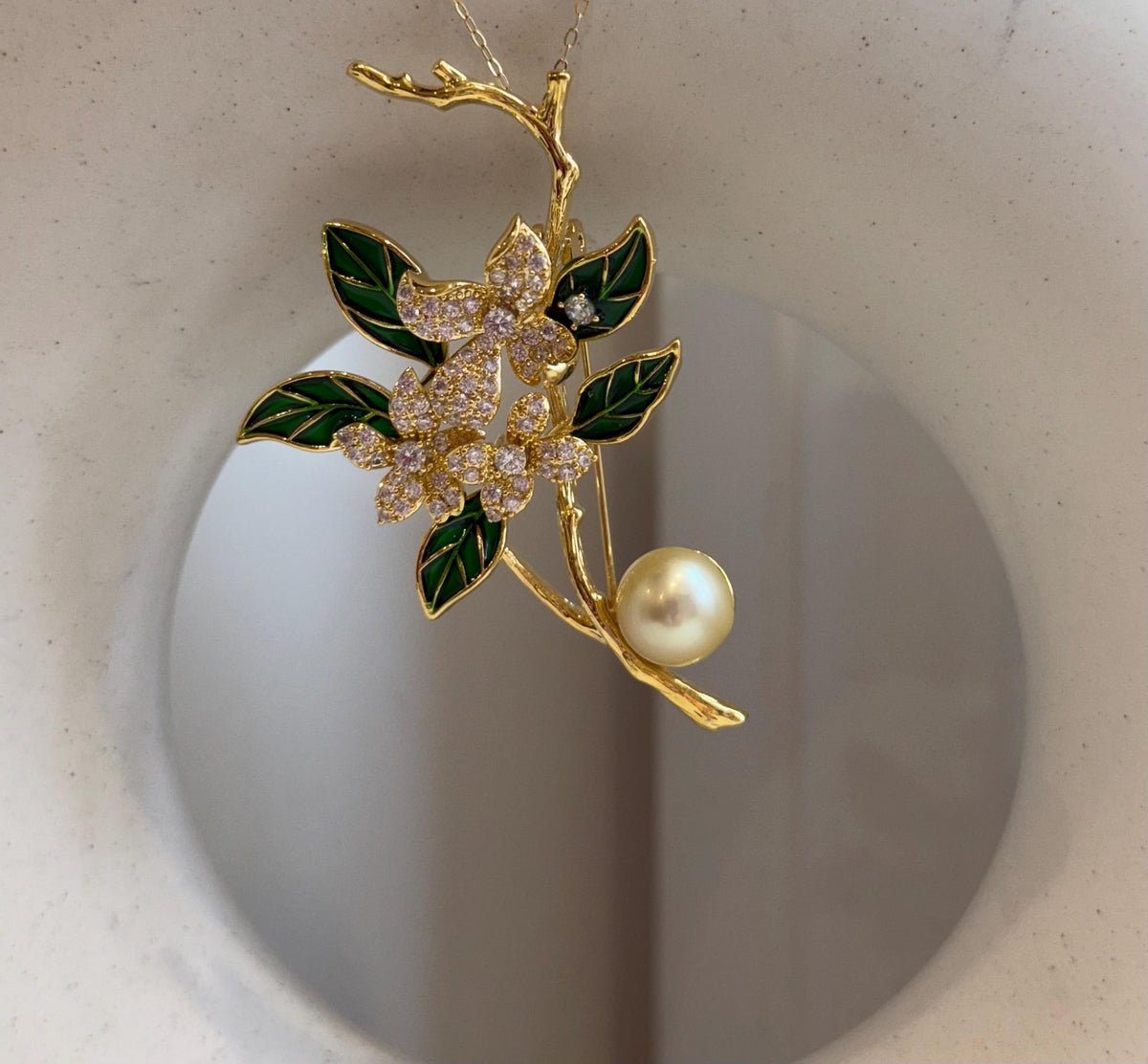 South sea golden pearl brooch pendant 2in1: Extreme luster, 9.3mm, light gold pearl. 4x6.2cm, Floral design Brooch.