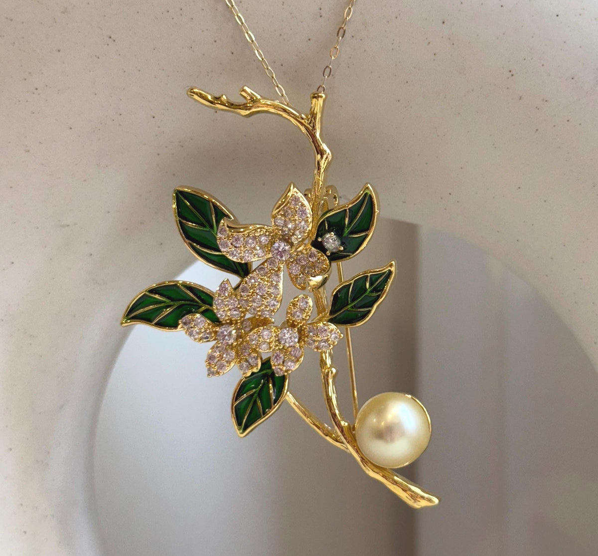 South sea golden pearl brooch pendant 2in1: Extreme luster, 9.3mm, light gold pearl. 4x6.2cm, Floral design Brooch.