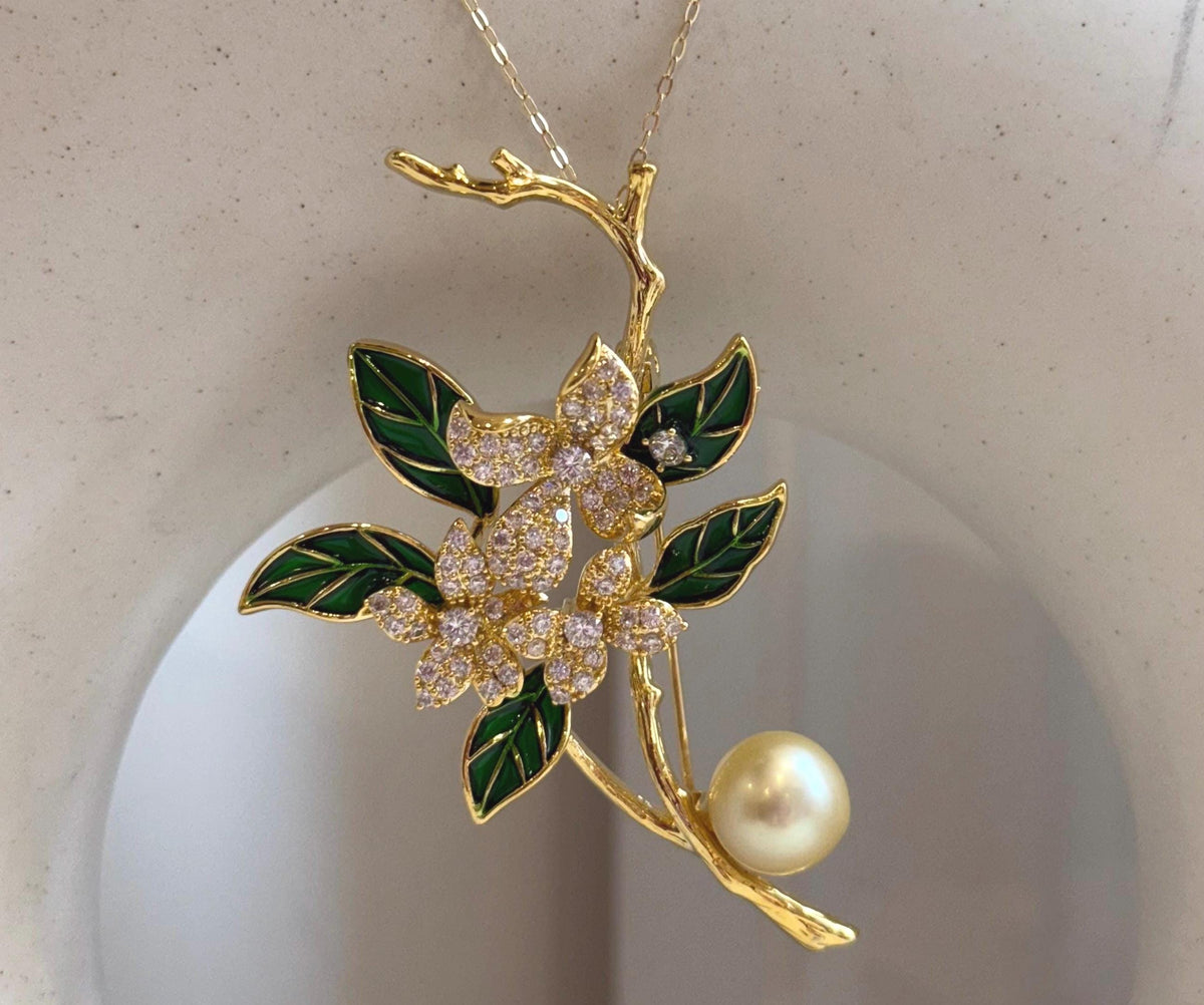 South sea golden pearl brooch pendant 2in1: Extreme luster, 9.3mm, light gold pearl. 4x6.2cm, Floral design Brooch. for her daily wear