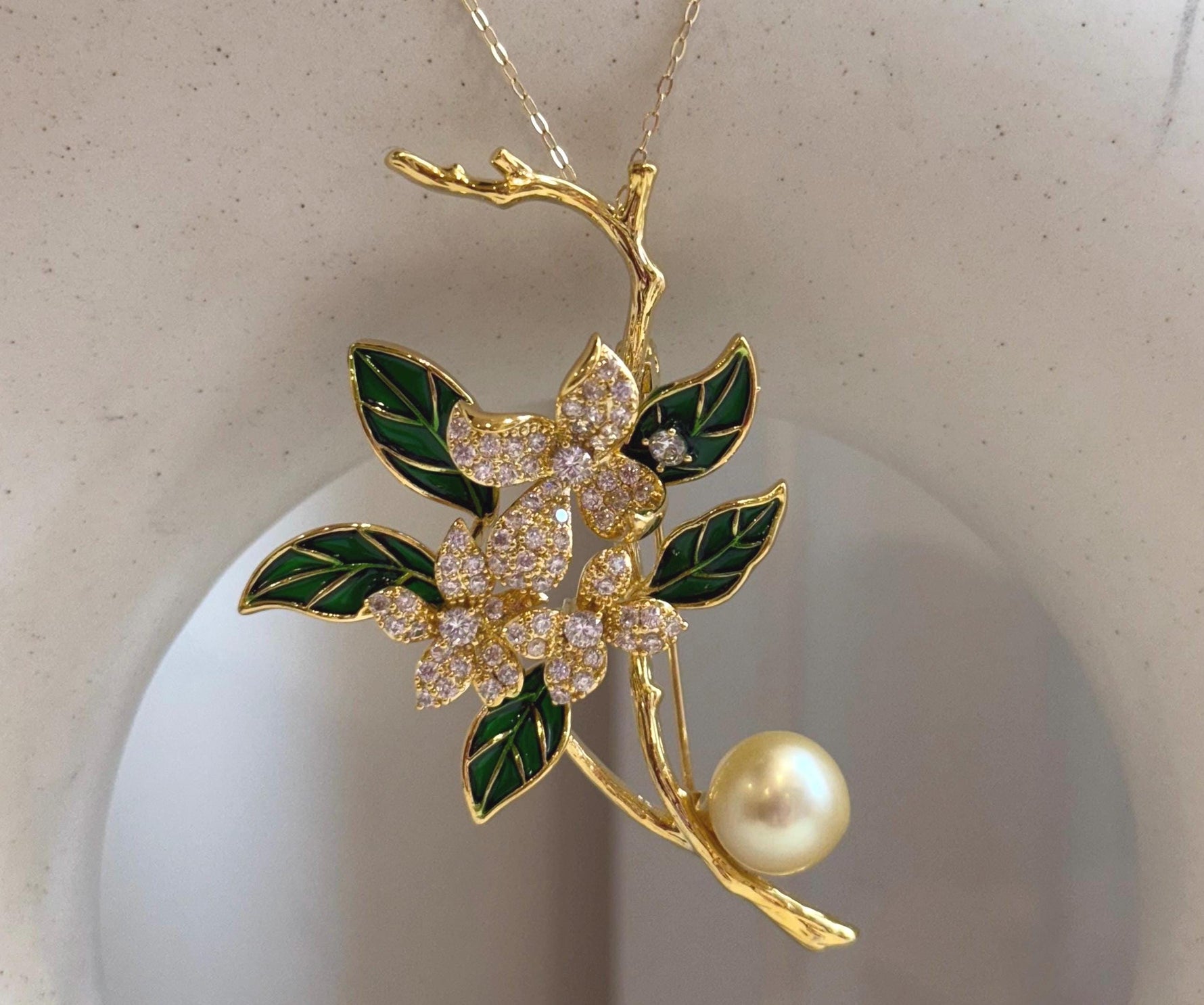 South sea golden pearl brooch pendant 2in1: Extreme luster, 9.3mm, light gold pearl. 4x6.2cm, Floral design Brooch. for her daily wear