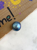 21mm Blue iridescent Ocean Round Mabe Pearl Ring: Extreme luster, S925 Silver base adjustable Ring.