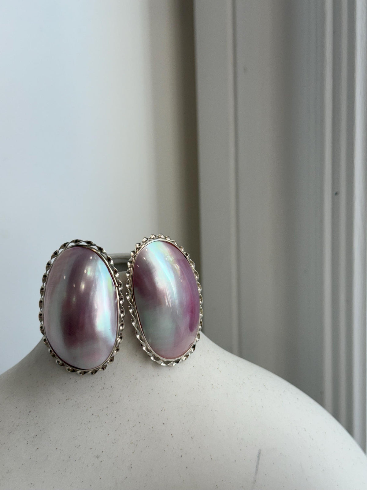 To 34mm Pink iridescent Ocean Mabe Huge Earrings: Extreme luster, 22x34mm, S925 silver earrings.