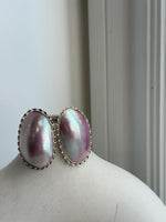To 34mm Pink iridescent Ocean Mabe Huge Earrings: Extreme luster, 22x34mm, S925 silver earrings.