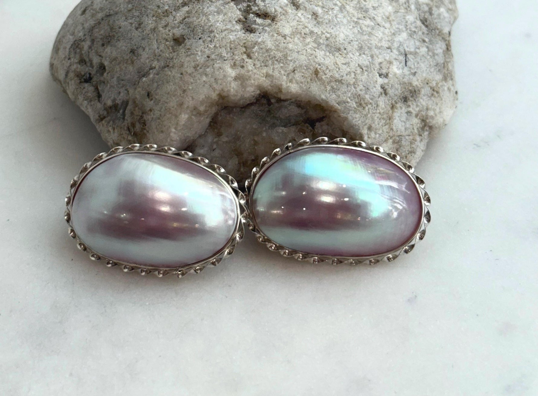To 34mm Pink iridescent Ocean Mabe Huge Earrings: Extreme luster, 22x34mm, S925 silver earrings.