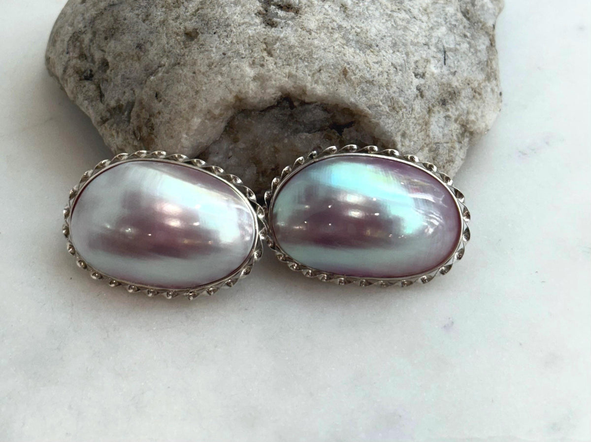 To 34mm Pink iridescent Ocean Mabe Huge Earrings: Extreme luster, 22x34mm, S925 silver earrings.