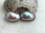 To 34mm Pink iridescent Ocean Mabe Huge Earrings: Extreme luster, 22x34mm, S925 silver earrings.