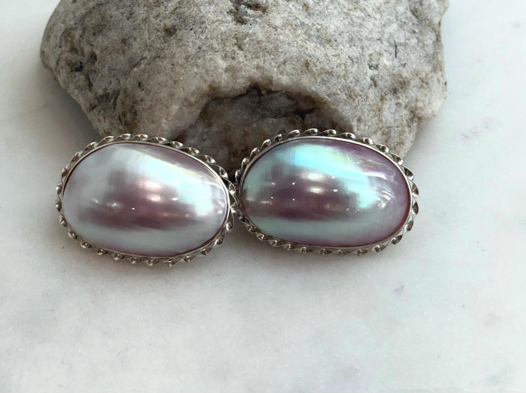 To 34mm Pink iridescent Ocean Mabe Huge Earrings: Extreme luster, 22x34mm, S925 silver earrings.