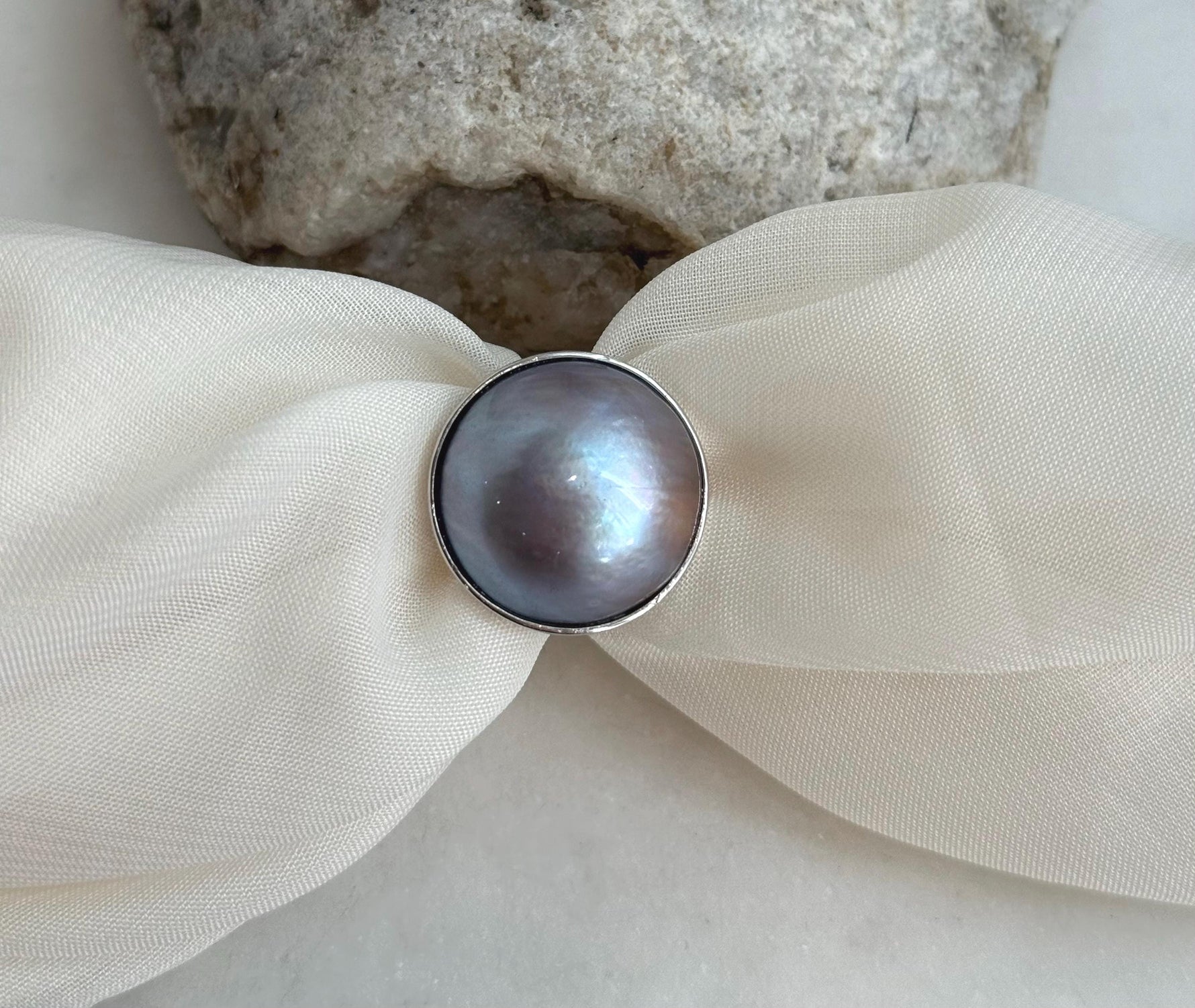 20.5mm Blue silver mauve iridescent Ocean Round Mabe Pearl Ring: Extreme luster, S925 Silver base adjustable Ring.