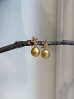11mm South sea golden Pearls Earrings: Extreme luster mirrored effect, 2.1cm high, S925 silver cool earrings.