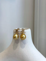 11mm South sea golden Pearls Earrings: Extreme luster mirrored effect, 2.1cm high, S925 silver cool earrings.