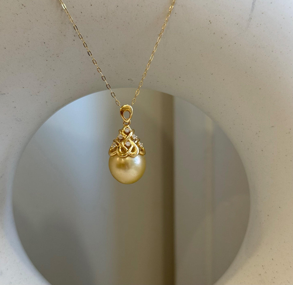 South sea golden Pearl Vintage Pendant: Strong luster, 10.8mm, 2.3cm high, S925 silver with zircon Pendant with silver chain.