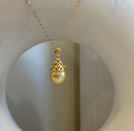 South sea golden Pearl Vintage Pendant: Strong luster, 10.8mm, 2.3cm high, S925 silver with zircon Pendant with silver chain.