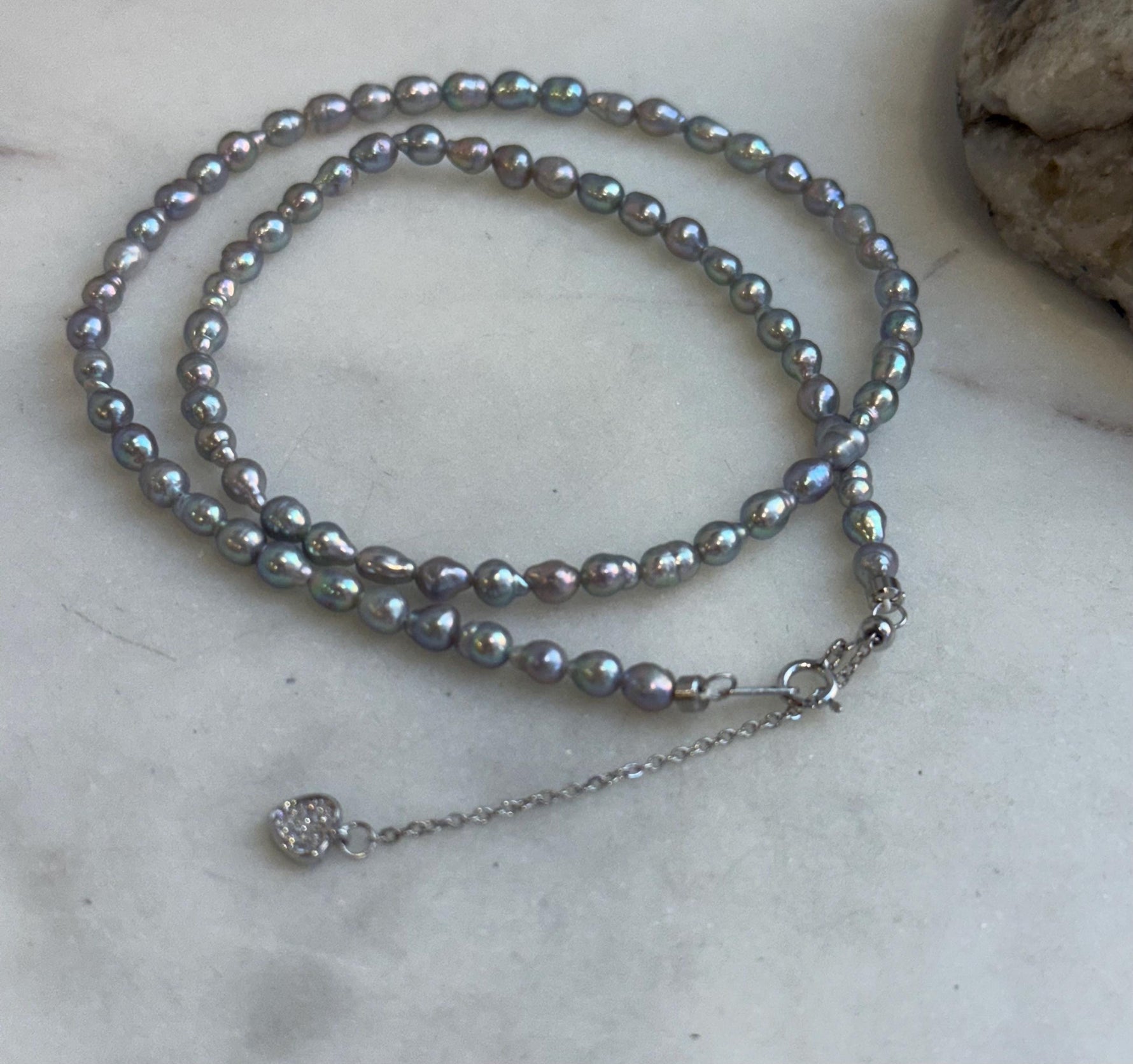 Silver Blue color Pink Hue Small pearls necklace choker:  Extreme luster, to 17.7”, S925 silver clasp.