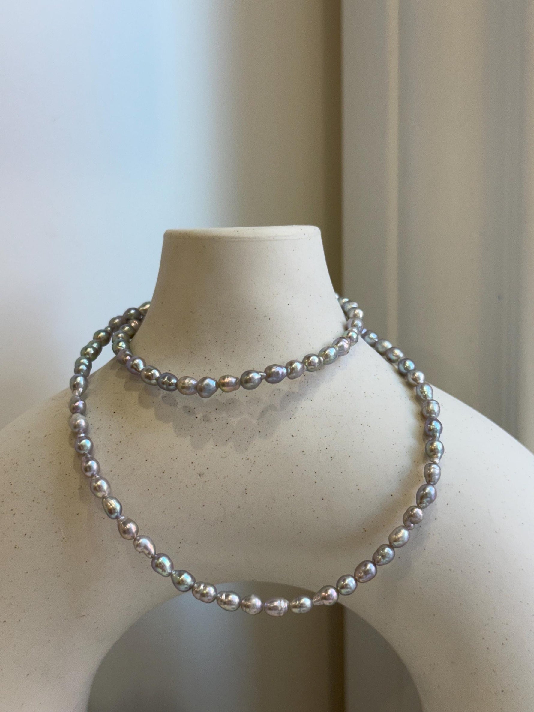 Silver Blue color Pink Hue Small pearls necklace choker:  Extreme luster, to 17.7”, S925 silver clasp.