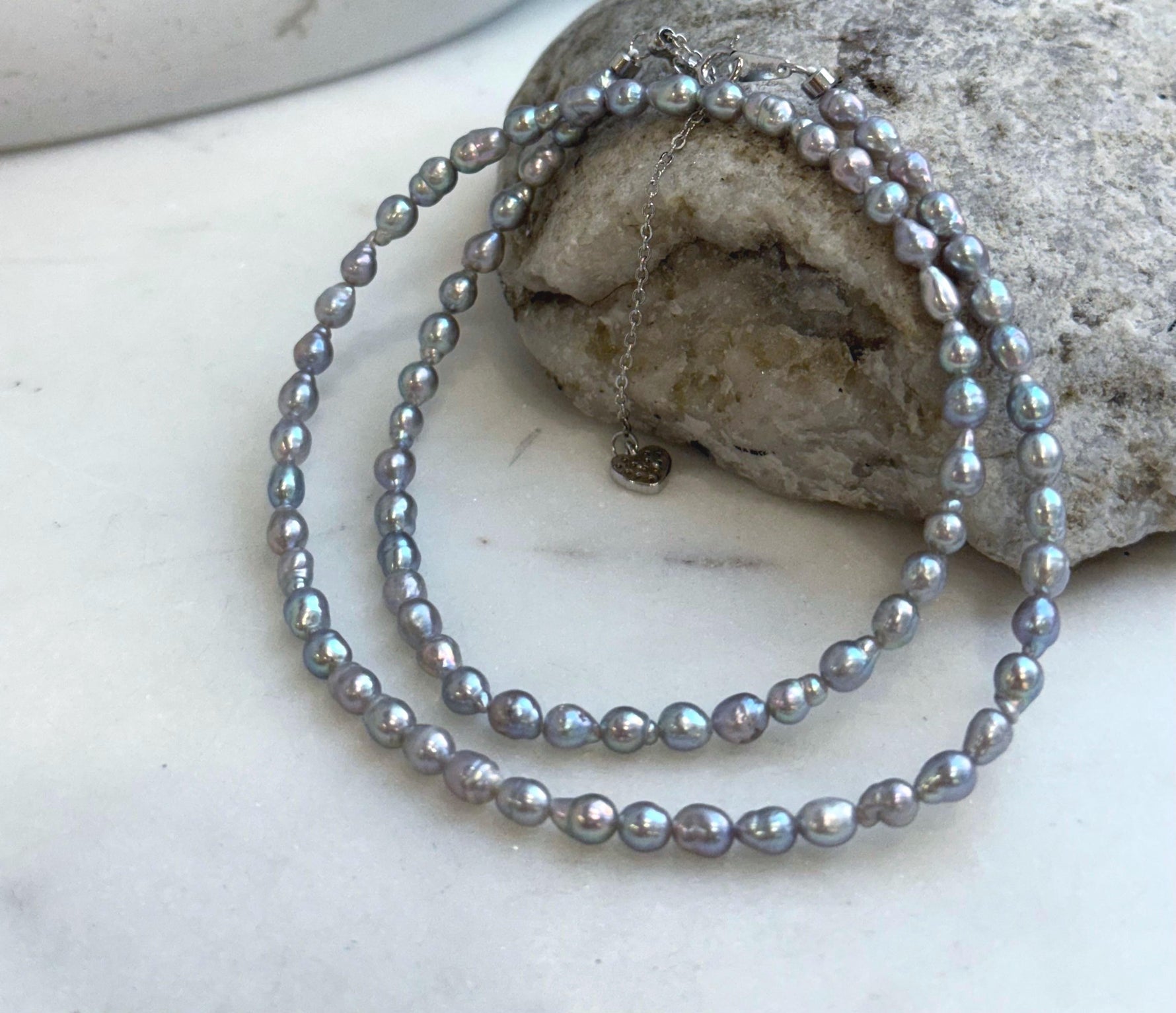 Silver Blue color Pink Hue Small pearls necklace choker:  Extreme luster, to 17.7”, S925 silver clasp.