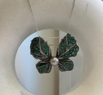 Tahitian Ocean Pearl Brooch Pendant 2in1: Strong Luster, 10mm, platinum pearl green hue, butterfly brooch,6x4cm, S925 silver chain.