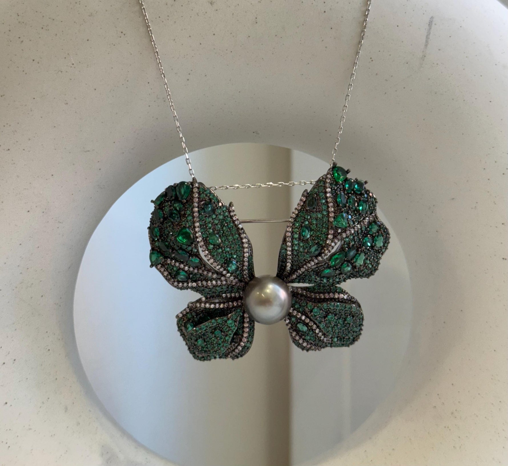 Tahitian Ocean Pearl Brooch Pendant 2in1: Strong Luster, 10mm, platinum pearl green hue, butterfly brooch,6x4cm, S925 silver chain.