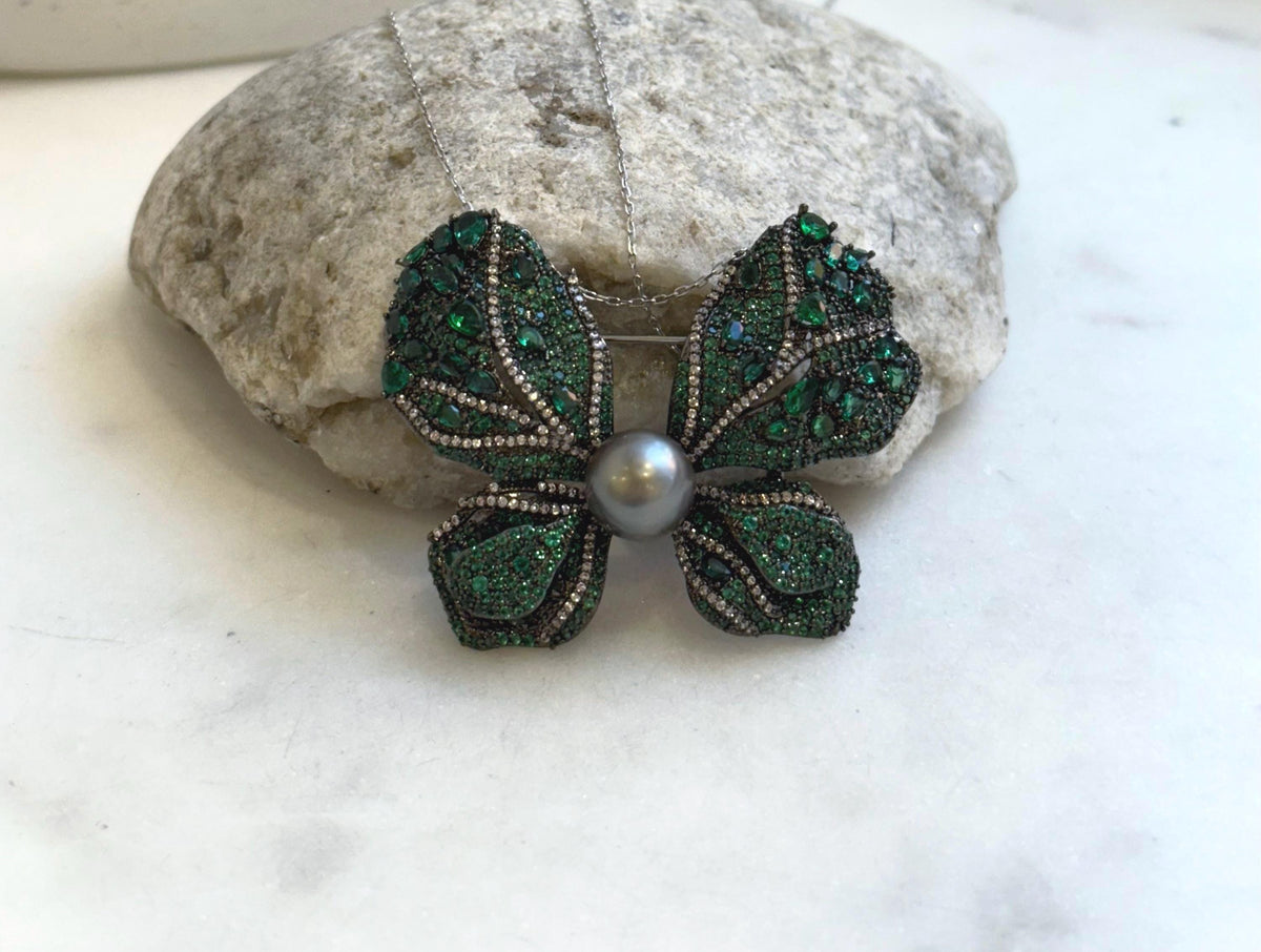Tahitian Ocean Pearl Brooch Pendant 2in1: Strong Luster, 10mm, platinum pearl green hue, butterfly brooch,6x4cm, S925 silver chain. for her birthday