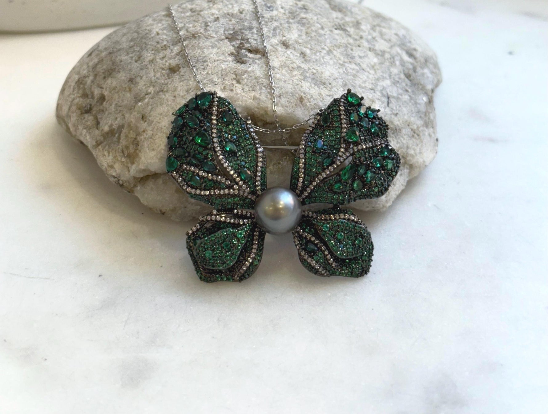 Tahitian Ocean Pearl Brooch Pendant 2in1: Strong Luster, 10mm, platinum pearl green hue, butterfly brooch,6x4cm, S925 silver chain. for her birthday