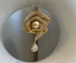 South Sea ultra Golden Ocean Pearl Brooch Pendant 2in1: Extreme luster 9.4mm, 3.5x5.4cm cool Floral design brooch. with s925 silver chain.