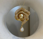 South Sea ultra Golden Ocean Pearl Brooch Pendant 2in1: Extreme luster 9.4mm, 3.5x5.4cm cool Floral design brooch. with s925 silver chain.